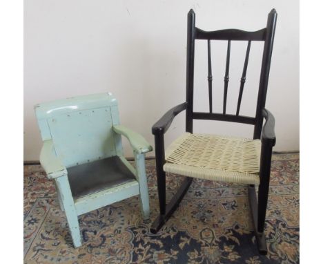 20th Century ebonised child's rocking chair, fan spindle back with woven seat, H74cm and painted child's chair, H45cm (2)Ship