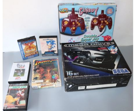 Indiana Jones and The Fate of Atlantis IBM floppy disc computer game 1992, Sega Mega Drive game console with four games incl.