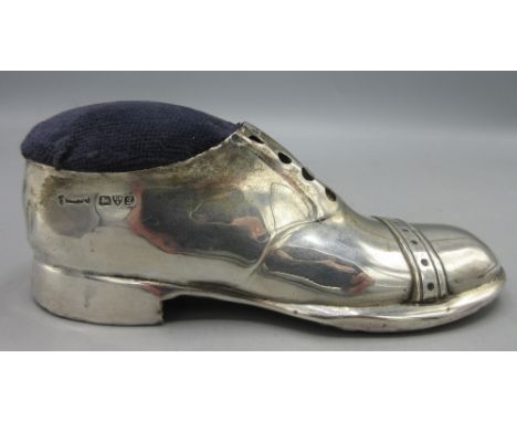 George V silver mounted novelty pin cushion in the form of a shoe, makers mark rubbed, Chester 1911, L13cmShipping £28.00 plu