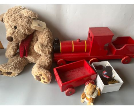 Collection of toys incl. Merrythought 'Hope' teddy bear, Steiff 'Goldy' Hamster, and other soft toys; red painted wooden pull