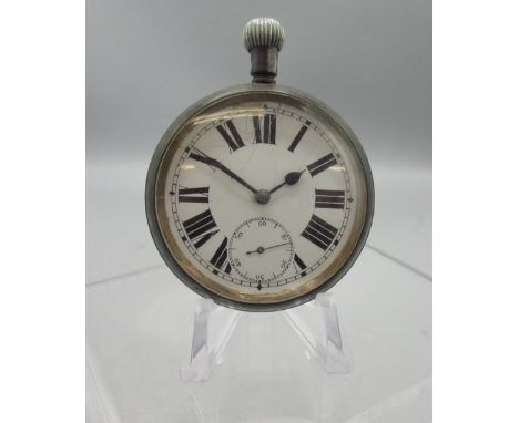 Omega steel keyless pocket watch, white enamel Roman dial with subsidiary seconds, signed hinged case back and cuvette no. 48