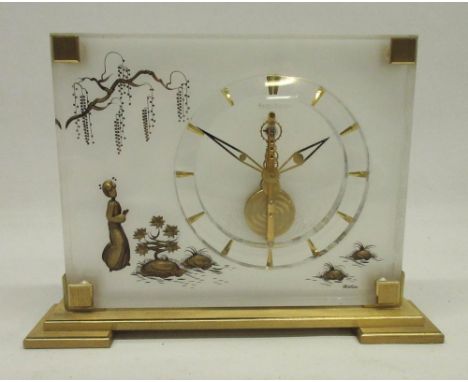 Jaeger LeCoultre 'Marina' 8 day perspex and gilt brass desk clock, signed case the chapter ring with baton indices, contained