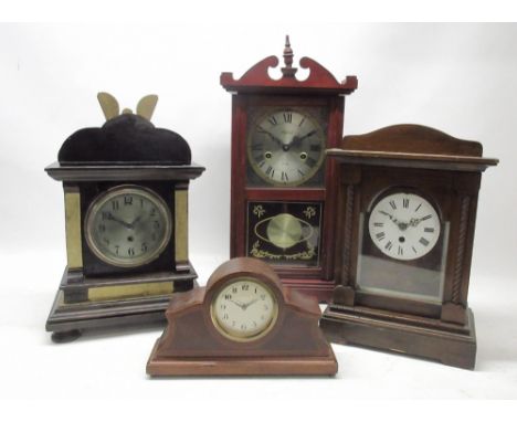 Highland 31 day mahogany finish mantle clock, plain case with glazed panel door enclosing signed 6 3/4" alloy Roman dial, two