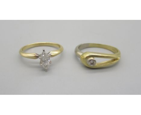 14ct yellow gold diamond solitaire ring set with marquise cut diamond, size L, and a white and yellow gold ring set with sing