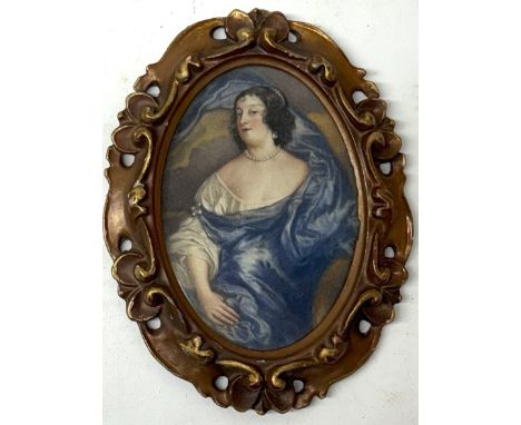After Van Dyck, portrait miniature of 'Rachel da Ruvigny', oval watercolour in pierced guilt wood frame, H17xm, W13cm maxShip