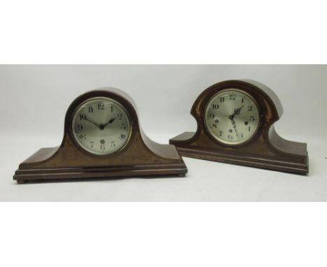 20th Century German inlaid mahogany mantle clock, 6 1/2" silver Arabic dial, three train Westminster chiming movement no. 143