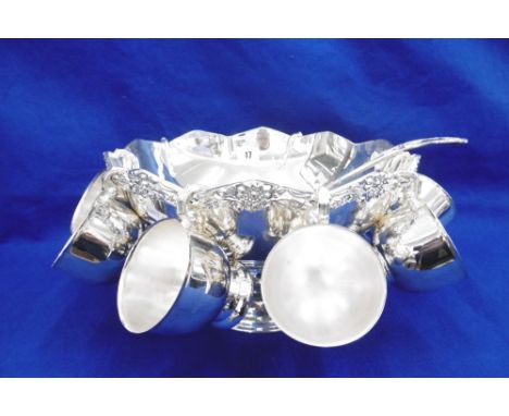 SILVER PLATED PUNCH BOWL, EIGHT CUPS AN A LADLE