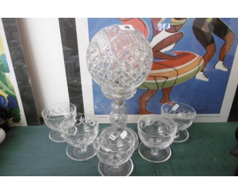 A CUT GLASS LAMP AND FIVE SUNDAE GLASS DISHES