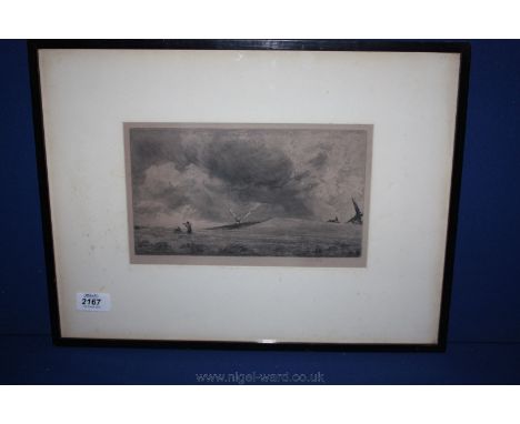Sir Frank Short: a pencil signed Print of a windmill landscape with figures under a cloudy sky.