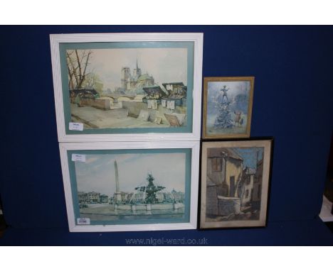 A pair of framed Prints of London scenes, signed 'Mark', a print of two children looking at the statue of Peter Pan and a Pas