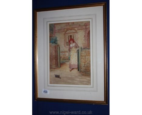 A 19th c. Watercolour of girl playing with kitten, by John Scott