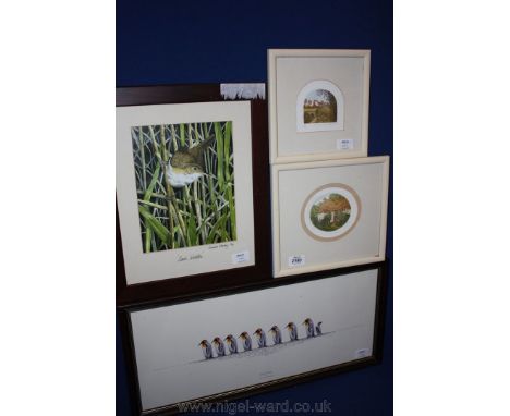 Two limited edition Stephen Whittle Prints of Pyecombe Church and Hardy's Cottage, a Print of a Reed Warbler by Sandra Mackay