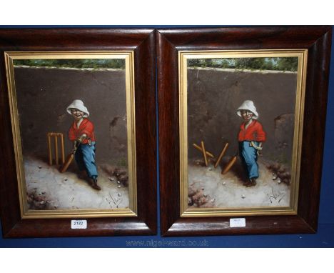 A pair of Oil paintings of a young batsman playing cricket by F. Vitale.