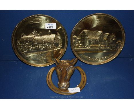 A Brass horse's head Door Knocker and two brass plaques.