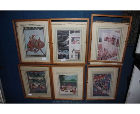 Six framed Eastern Prints including Maidens surprised at their Bath, Bundi, Krishna playing Holi, Dhola and Marvani riding th