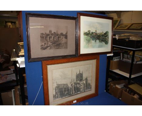 Two framed Etchings, one depicting Hereford Cathedral, the other 'Wye Bridge and Cathedral Hereford' published by Wilson Phil