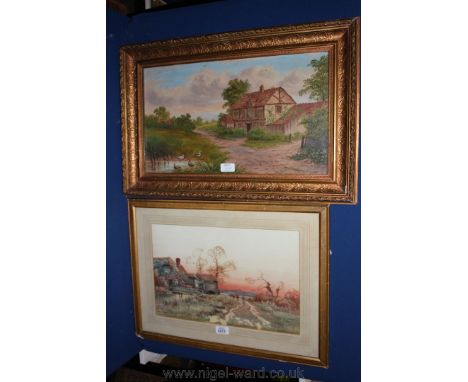 Two framed pictures, one by L. Lyons of a homestead with ducks on a pond and the other a Print by E.W. Haselhurst of a farmst