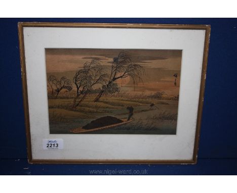 An old signed Chinese Print of a country scene with two boatmen punting their way along the river, in muted tones.