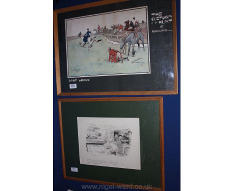 Two framed Prints, one of a motoring incident by G.L. Stamp, the other of 'The Cuetown Hunt' after Lionel Edwards.