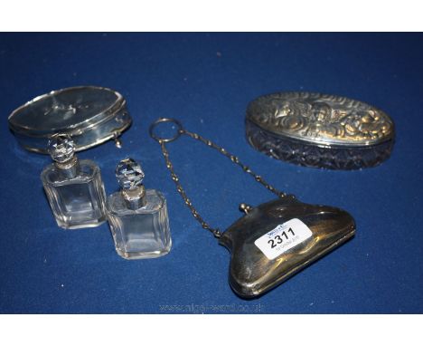 An oval moulded glass Pin Box with silver lid, Silver trinket box, a/f, two silver banded scent Bottles and an Epns purse.