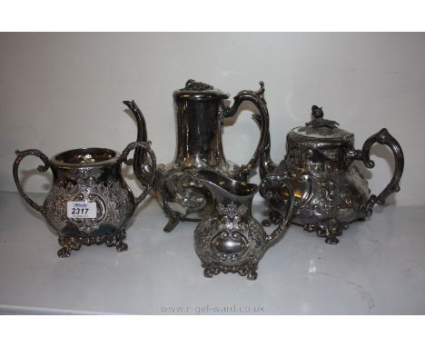 An Epns Teaset comprising teapot, coffee pot and milk jug, all highly decorated and a two handled Sucrier.