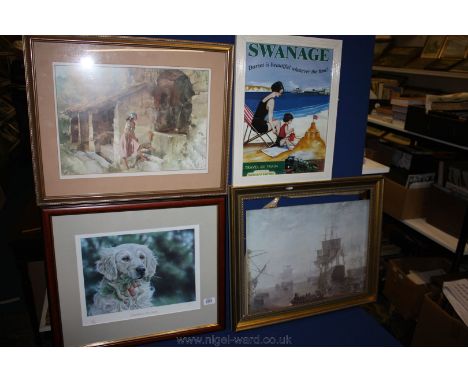 Four Prints including seascape, Flint print, limited edition print dog, strawberries and cream, no. 288/500 and Swanage Railw