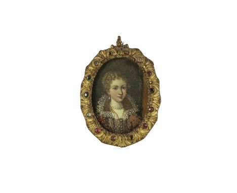 Entourage d'Ottavio Maria Leoni (Rome 1587-1630)Portrait de jeune femme en rouge huile sur cuivre, ovaleoil on copper, oval9 
