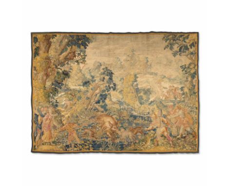 Tapisserie flamande figurant une scène de chasse avec Diane, XVIIème siècleA Flemish tapestry depicting a hunt with Diana, 17