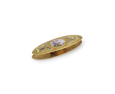 Navette en or ajouré à décor émaillé de pastorales, XIXe siècle Gold shuttle with enamelled pastoral decoration, 19th century