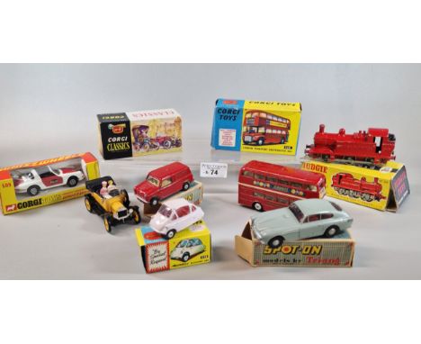 Collection of vintage diecast model vehicles to include: Corgi Toys 233 Heinkel Economy Car, Budgie Toys railway engine, Corg