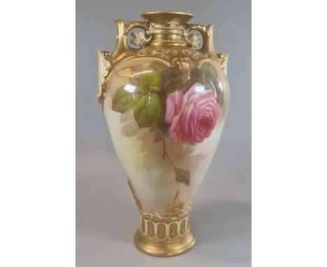 Royal Worcester porcelain two handled, hand-painted baluster vase, depicting roses and foliage. 31cm high approx. Puce printe