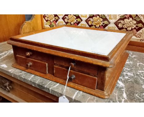 Pharmacist's pill making platform, with ceramic top over two short ceramic lined drawers. 35cm square approx.  (B.P. 21% + VA