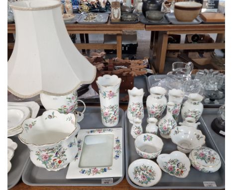 Two trays of Aynsley 'Pembroke' design china items to include: table lamp with shade, jardinière, vases, picture frame, trink
