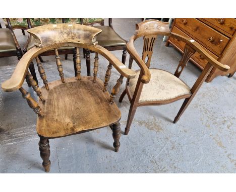 Edwardian inlaid corner elbow chair, with padded seat, together with a beech and elm smokers' bow armchair. (2) (B.P. 21% + V