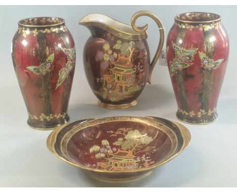 Pair of Devon Fieldings Sylvan Lustrine, decorated with butterflies. 23cm high approx. Together with a Carlton Ware Rouge Roy