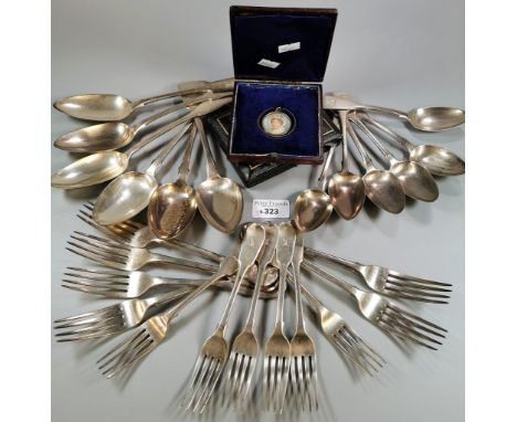 19th century silver flatware, spoons and forks. 44 troy oz approx. together with a 19th century double-sided pendant hand-pai