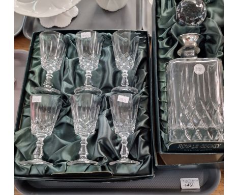 Royale County hand cut Italian lead crystal set of six wine glasses, with matching decanter and stopper. Both in original box