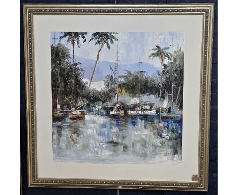 Gaston (20th century), a Caribbean Creek with fishing boats, signed. Oils on canvas. 80x80cm approx. Framed. (B.P. 21% + VAT)