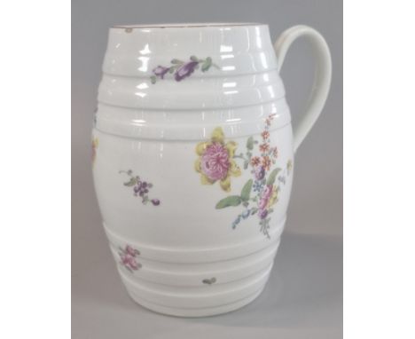 Porcelain barrel shaped single handled mug/tankard, hand-painted with floral sprays. Unmarked, possibly Derby. 14cm high appr
