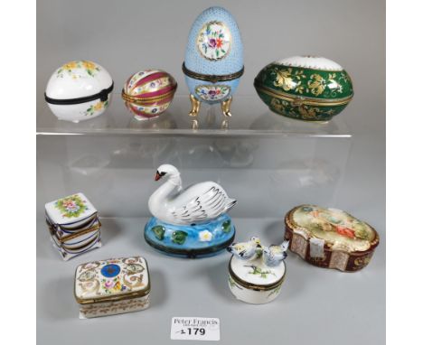 Collection of continental porcelain boxes and covers to include: Dresden, Limoges, in the form of an egg cup, swan, birds etc