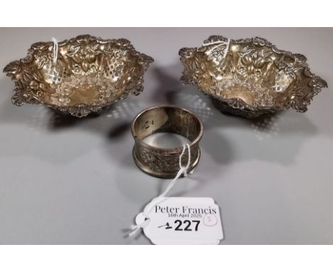 Silver engraved napkin ring together with a pair of silver ornate bonbon dishes, all Birmingham hallmarks. 3.1 troy oz approx