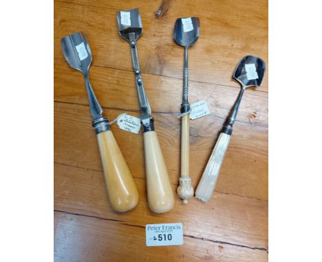 Collection of various silver plated stilton scoops, with ivorine and mother of pearl handles. (4) (B.P. 21% + VAT)