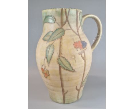 Art Deco Crown Devon Fieldings tube-lined baluster single handled jug, depicting birds sitting on a tree stump with branches,