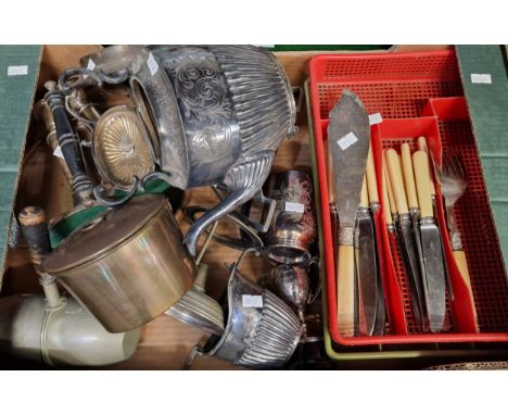 Collection of metalware to include: various cutlery, silver plated spirit kettle on stand, fluted teaware, trophy cup etc.  (