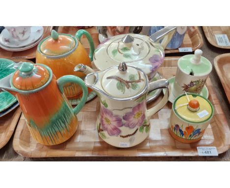 Collection of ceramics to include: Clarice Cliff Bizzare 'Crocus' preserve jar and cover, Wade preserve jar and cover on stan