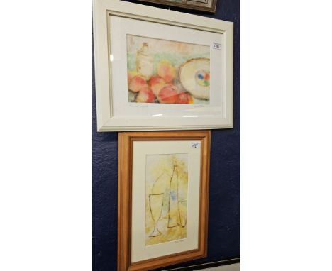 Sarah John (20th century), Bottle and Glasses, study reverse painted on glass, signed to the mount. 30x15cm approx. Together 