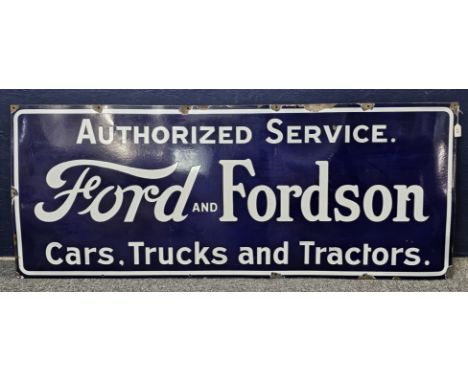 Large Ford and Fordson Aurthorised Service Cars, Trucks and Tractors single sided enamel advertising sign. 153cm wide x 62cm 