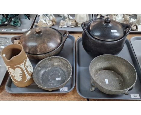 Two Arts and Crafts design beaten pewter bowls, together with a Wedgwood style Jasperware brown ground jug, together with two