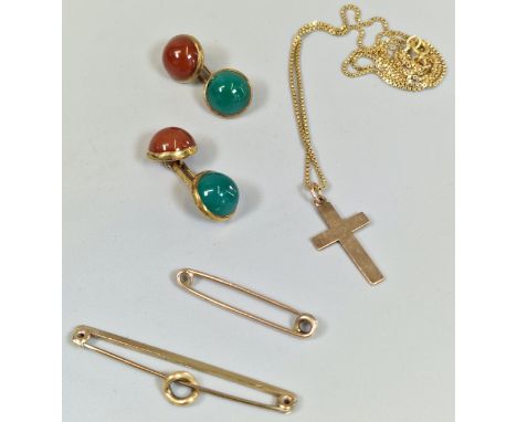 9ct gold pin back brooch, together with another 9ct gold safety pin. 1.2g approx. Together with a pair of yellow metal orange