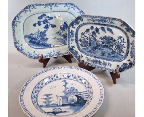 Two Chinese export porcelain blue and white meat platters, both likely 18th century, the largest 36cm in length, the smallest